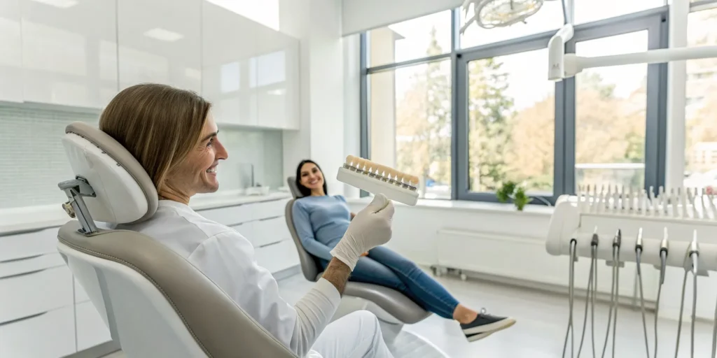 Cosmetic dentist and patient choosing the best veneers with a shade guide during a consultation.
