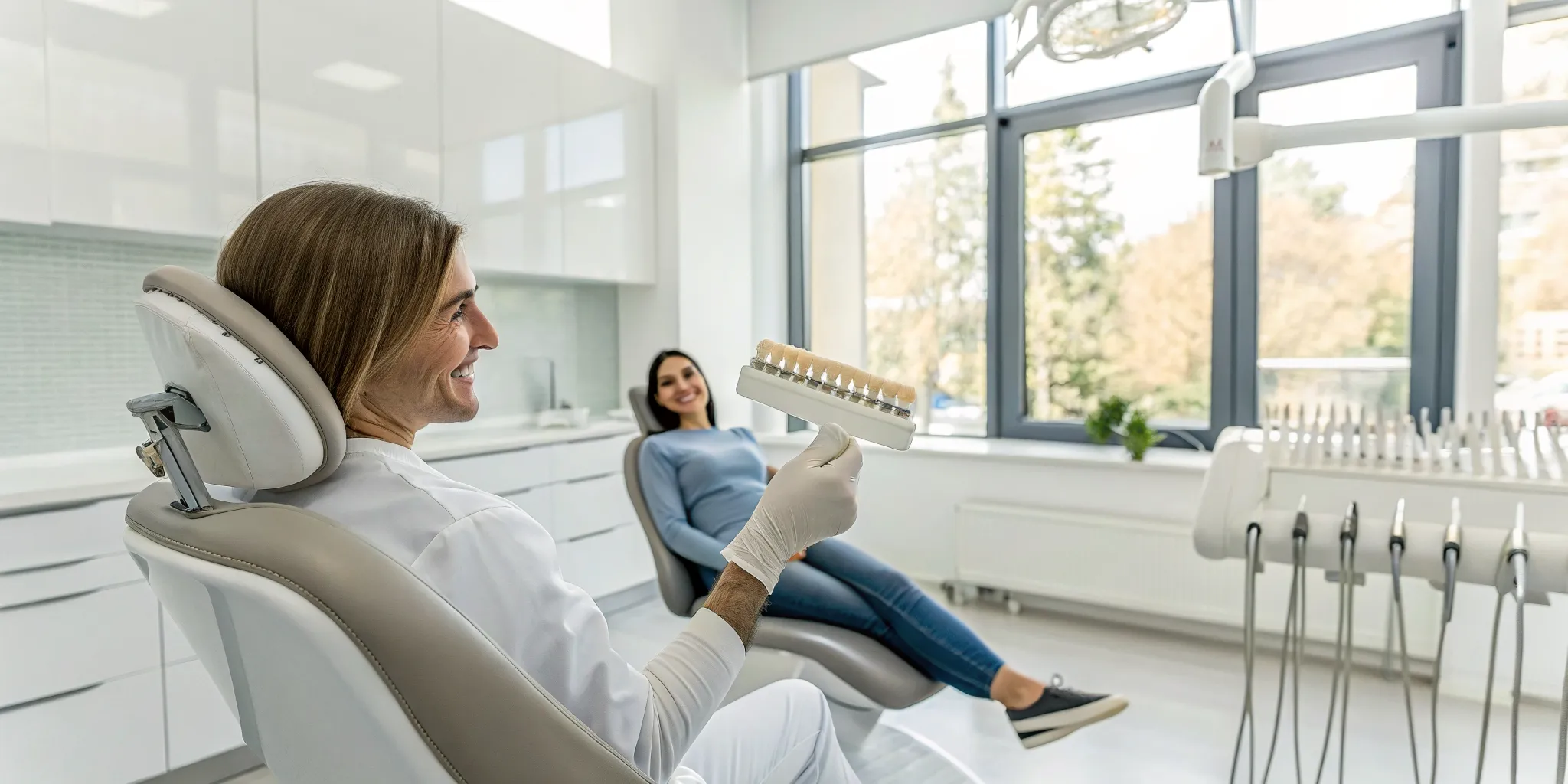 Cosmetic dentist and patient choosing the best veneers with a shade guide during a consultation.