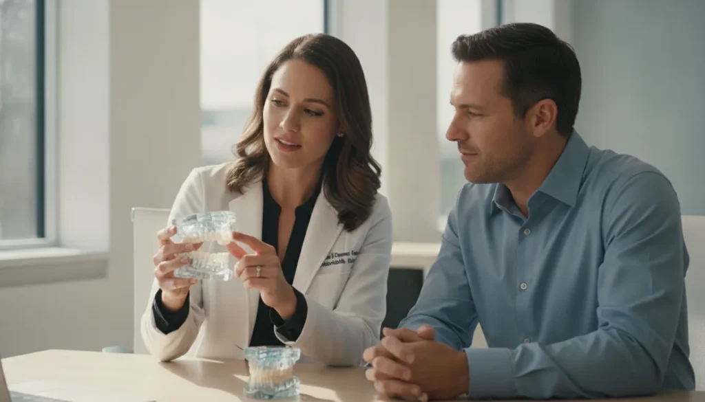 Prosthodontist discussing dental implant candidacy and bone loss with a patient