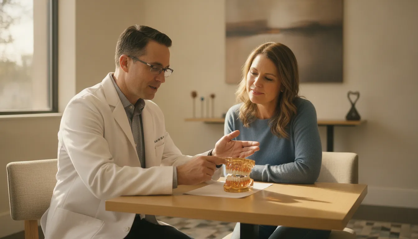Prosthodontist reviewing dental implant bone graft planning with a patient