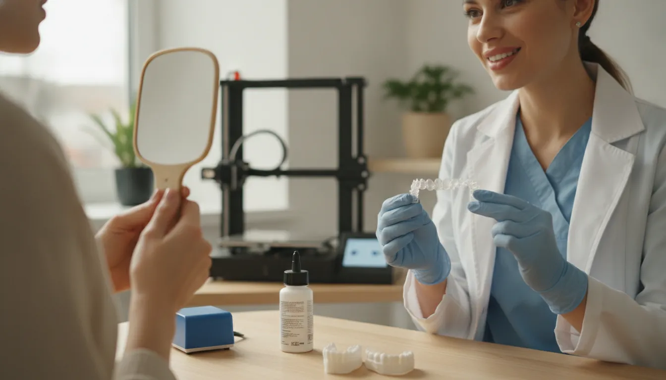 Dentist and patient discussing a 3D printed dental crown model.