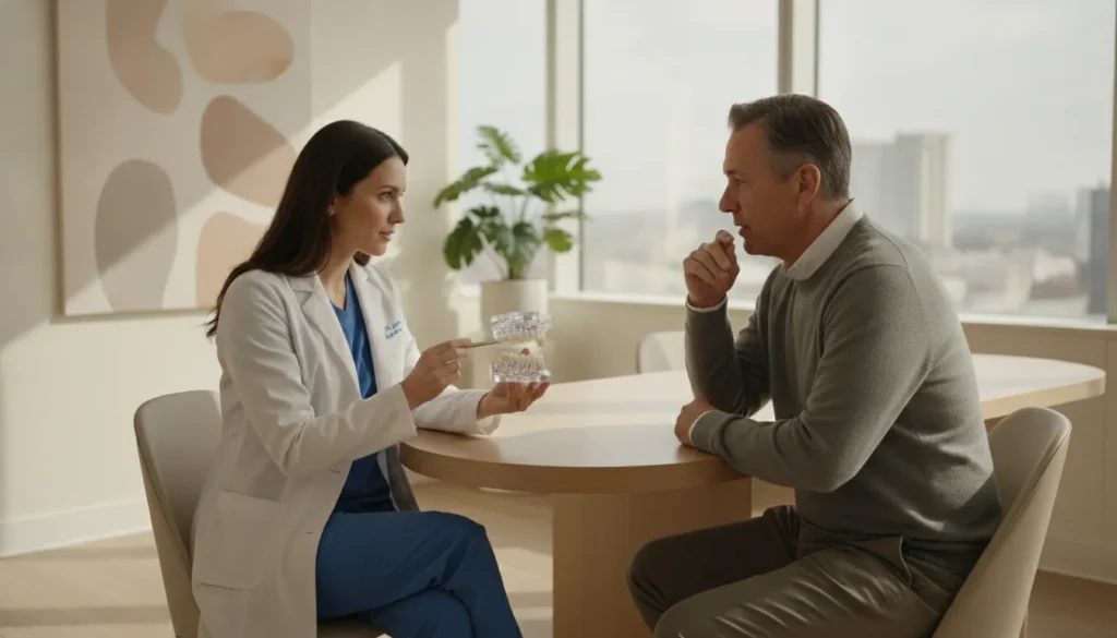 Prosthodontist discussing All-on-4 treatment planning with a patient