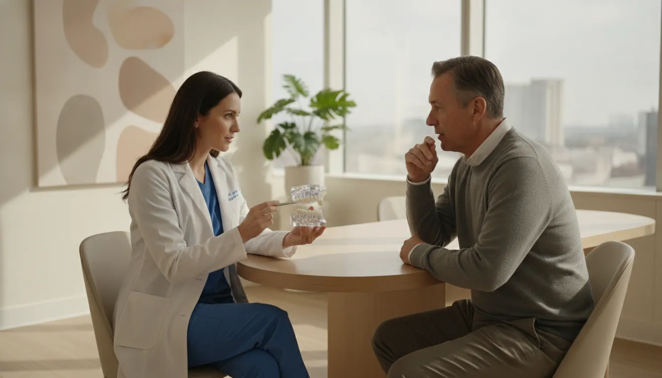 Prosthodontist discussing All-on-4 treatment planning with a patient