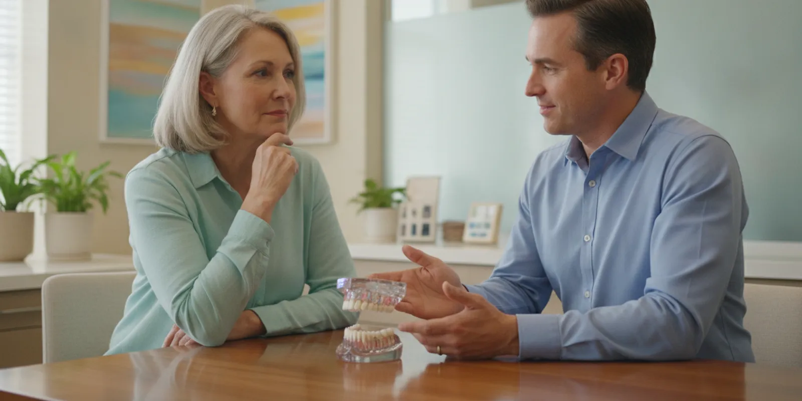Patient discussing a full-arch dental implant plan with a prosthodontist in a bright consultation room