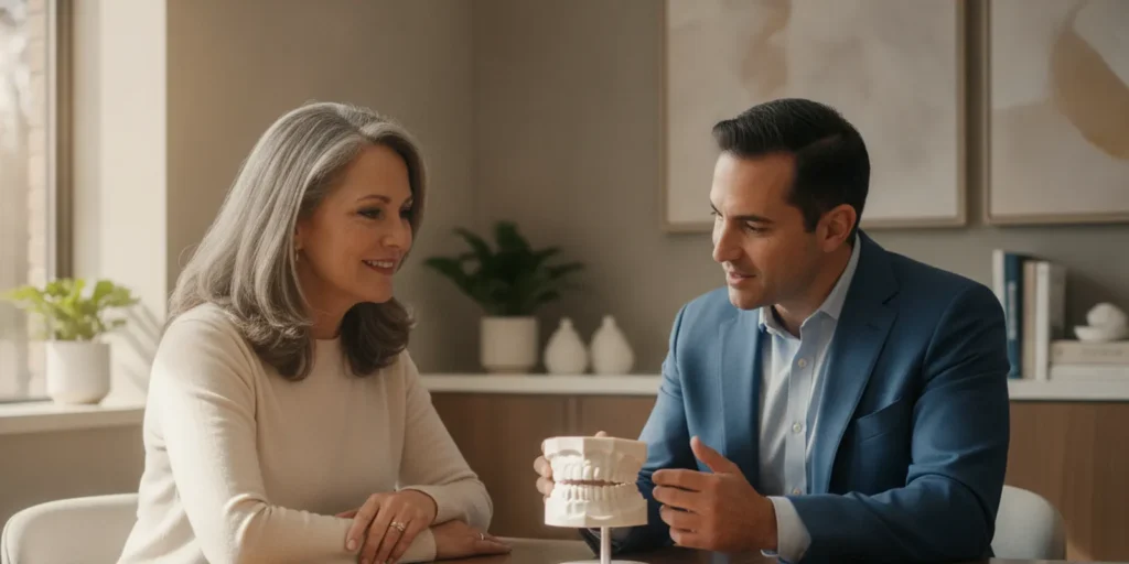 Patient discussing full-arch dental restoration options with a prosthodontist