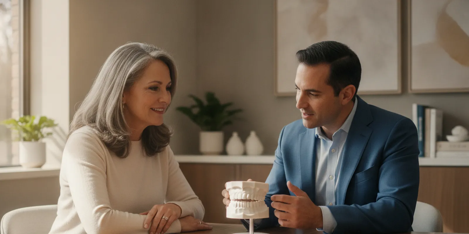 Patient discussing full-arch dental restoration options with a prosthodontist