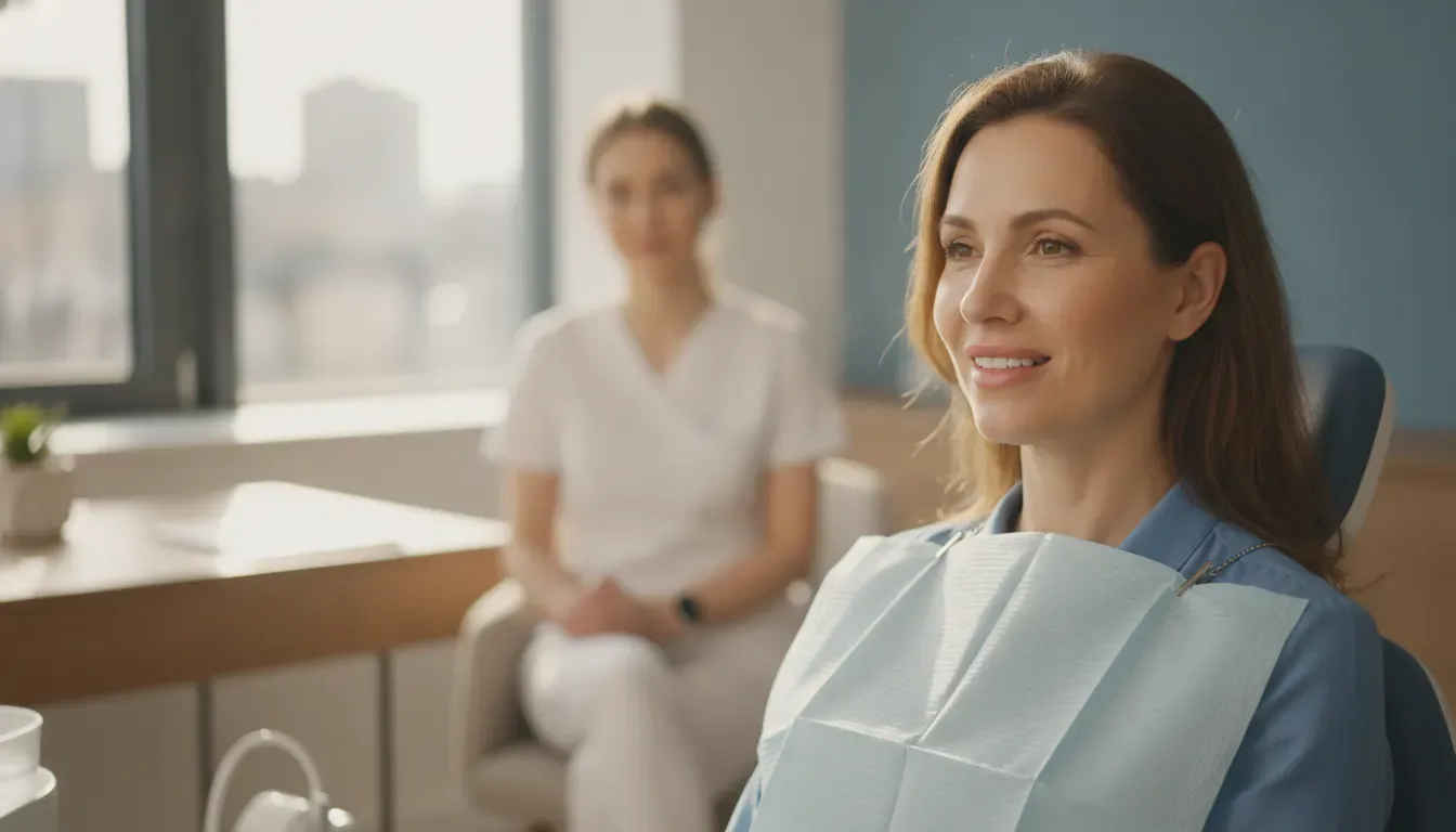 Patient considering dental veneers during a calm prosthodontic consultation