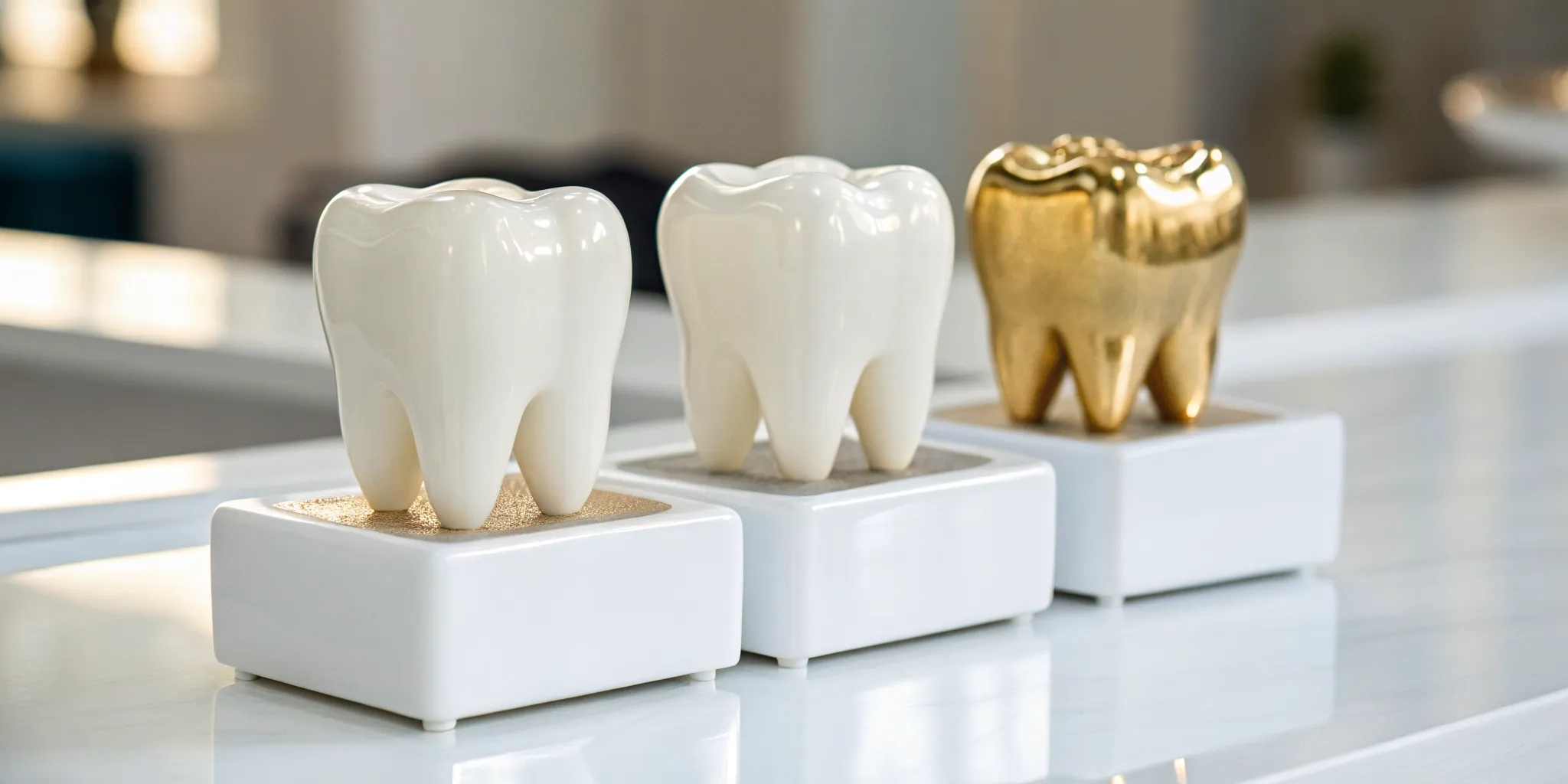 Ceramic and gold tooth models comparing the best materials for dental inlays.