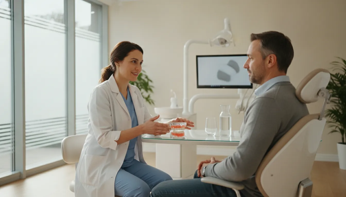 Prosthodontist consulting with a patient in a modern dental office