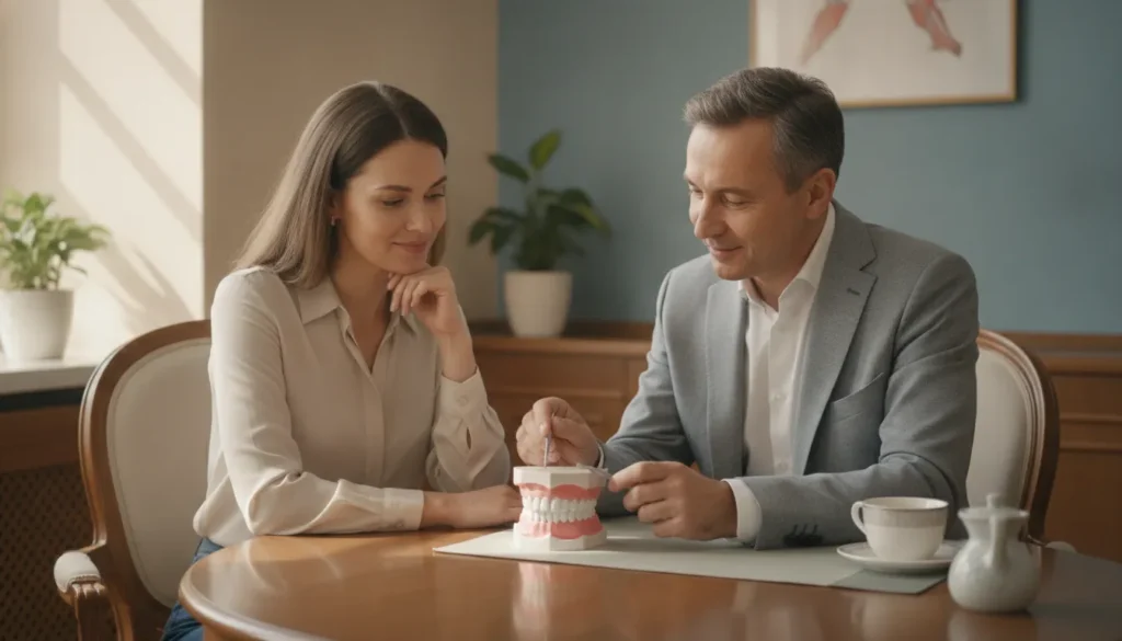 Prosthodontist discussing cosmetic dental treatment planning with a patient