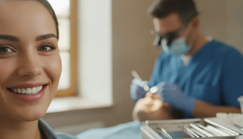 Confident close-up of a smiling patient with natural-looking porcelain veneers, with a prosthodontist working in a modern dental studio