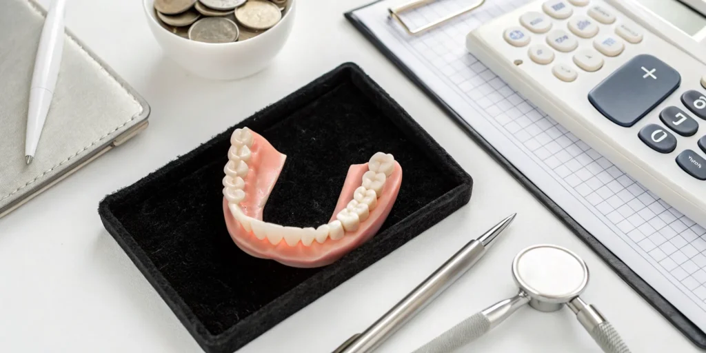 Calculating the cost of dentures from a prosthodontist with a denture model, calculator, and coins.