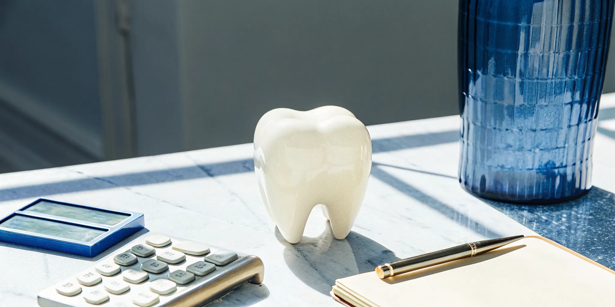 A tooth model, calculator, and pen used to break down the cost of tooth extraction.