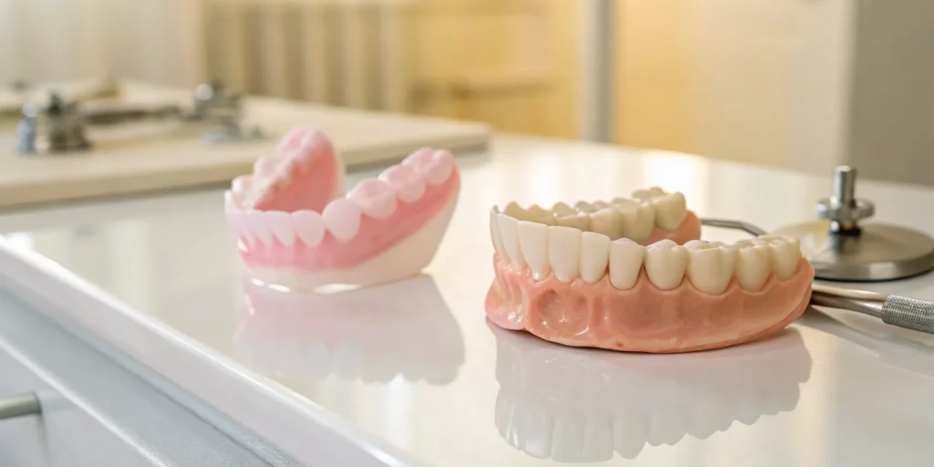 A comparison of custom vs. traditional dentures showing differences in appearance and fit.