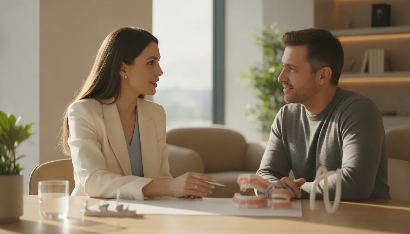Prosthodontist comparing dental bonding and porcelain veneers with a patient