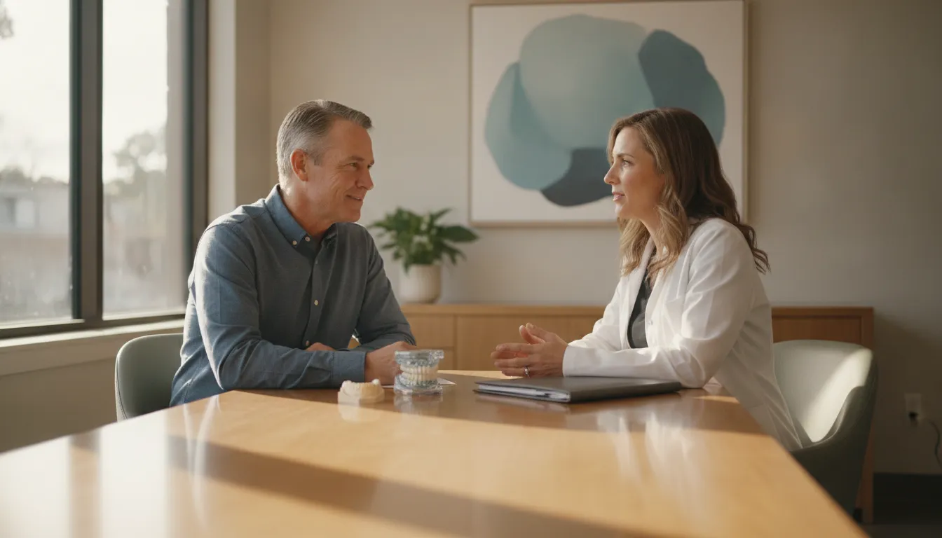 Patient discussing dental implant concerns with a prosthodontist
