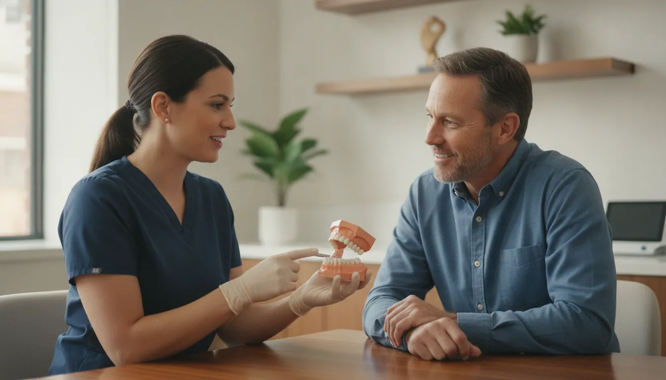 Board-certified prosthodontist discussing a full-arch dental implant restoration with a patient in a bright modern office