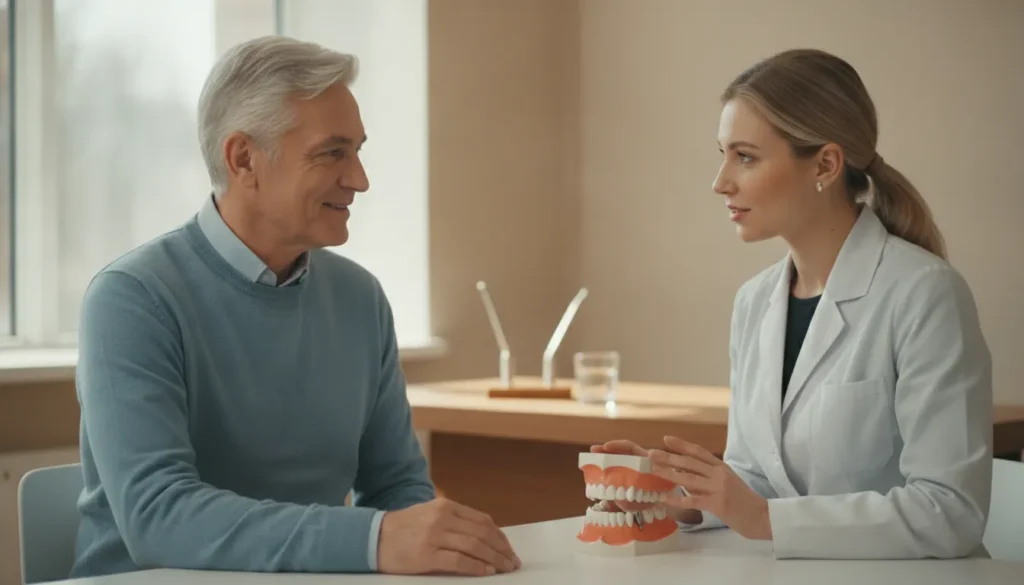 Older adult discussing personalized dental implant treatment with a prosthodontist