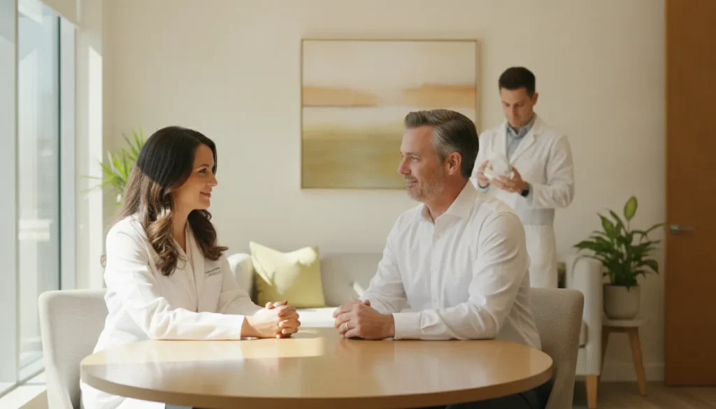 Prosthodontist consulting with a patient about dental implant treatment