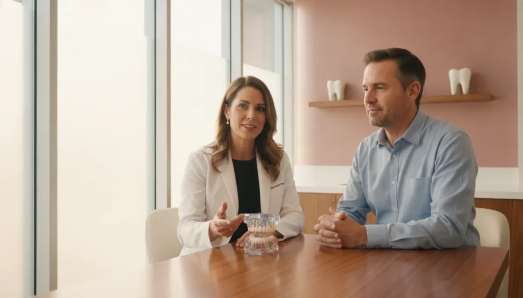Prosthodontist discussing dental implants Roseville CA treatment with a patient