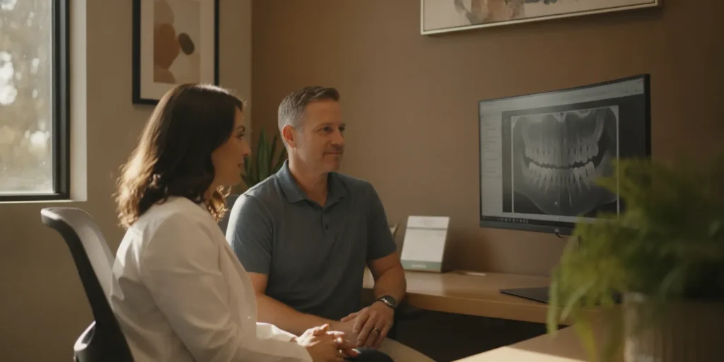 A prosthodontist reviewing a digital dental scan with a patient during a consultation