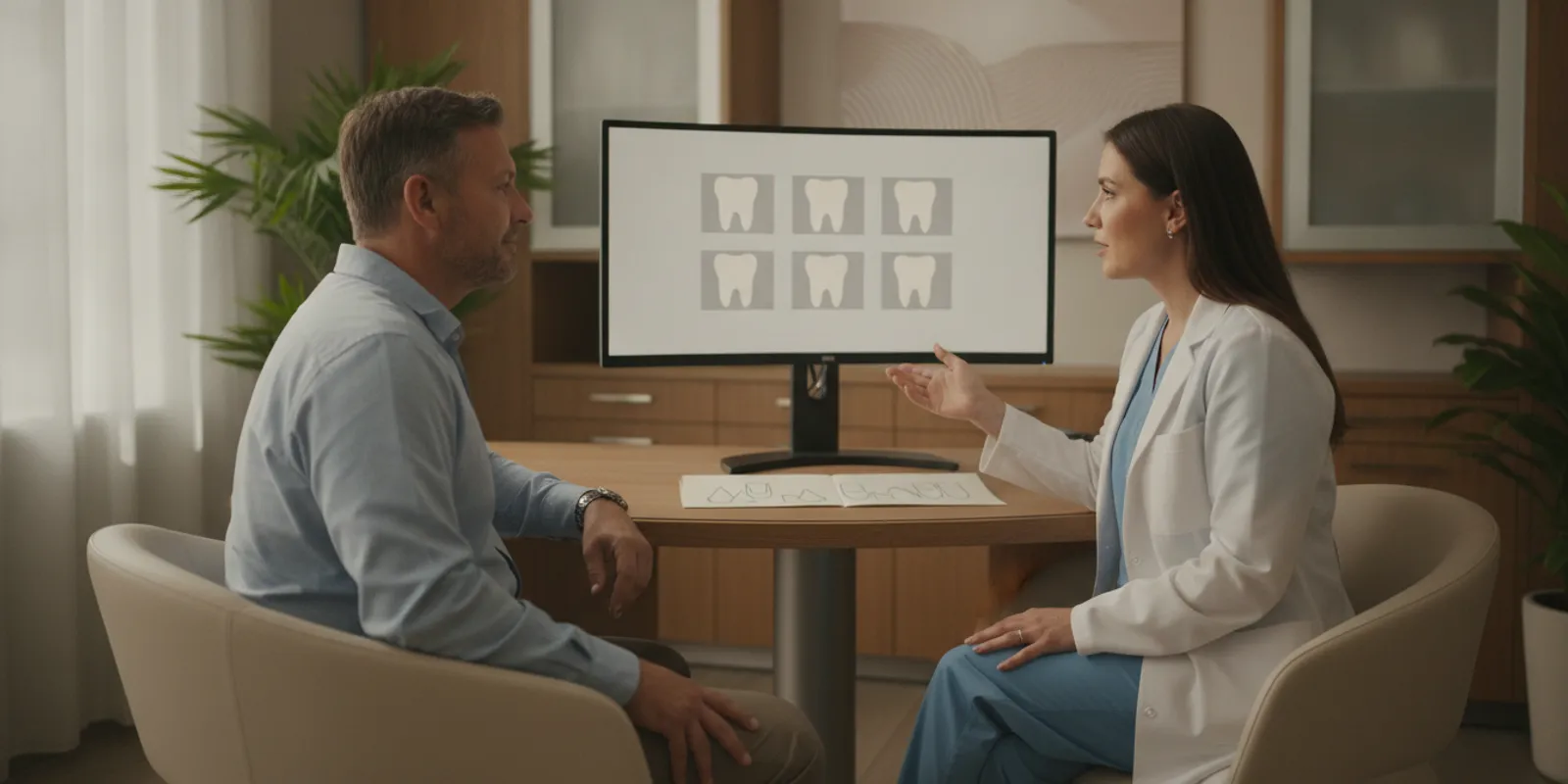 Patient discussing dental imaging and a written treatment plan with a prosthodontist