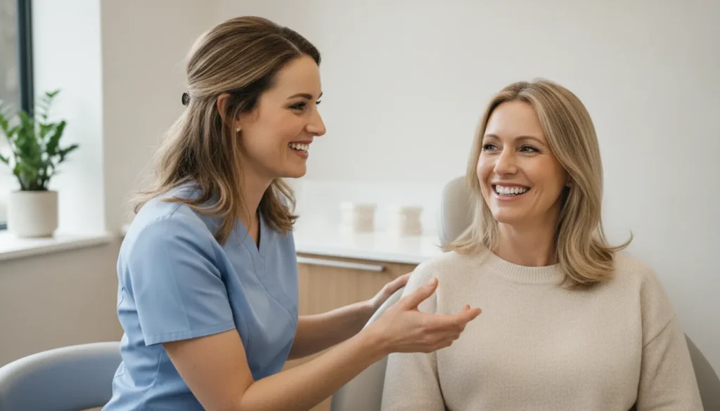 Prosthodontist discussing smile balance and cosmetic treatment planning with a patient