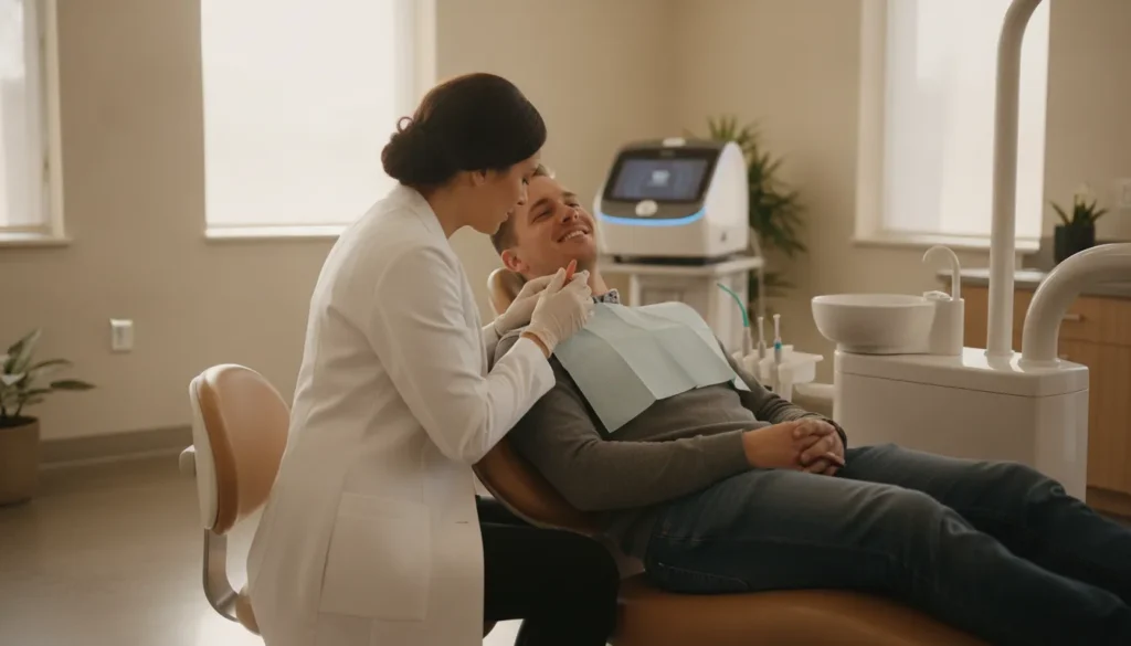 Prosthodontist discussing how long dental implants last with a patient