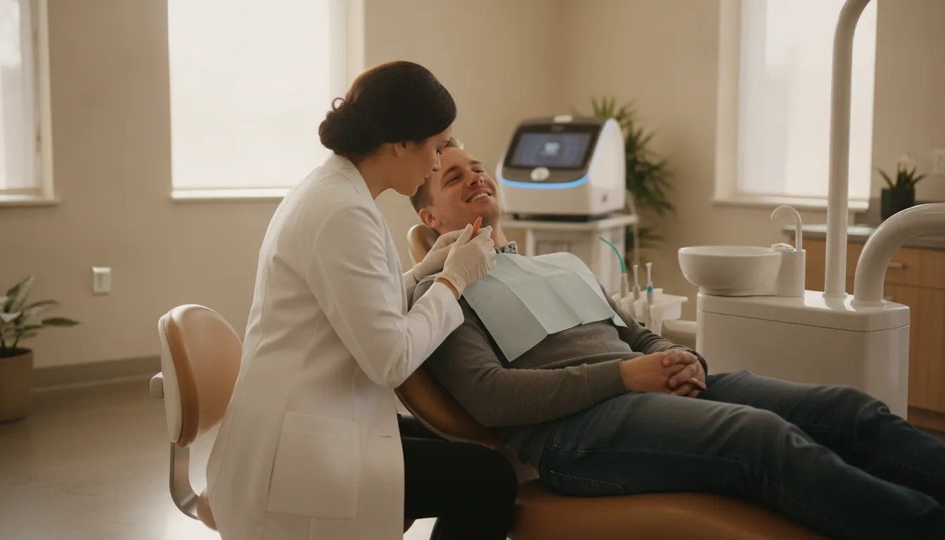 Prosthodontist discussing how long dental implants last with a patient