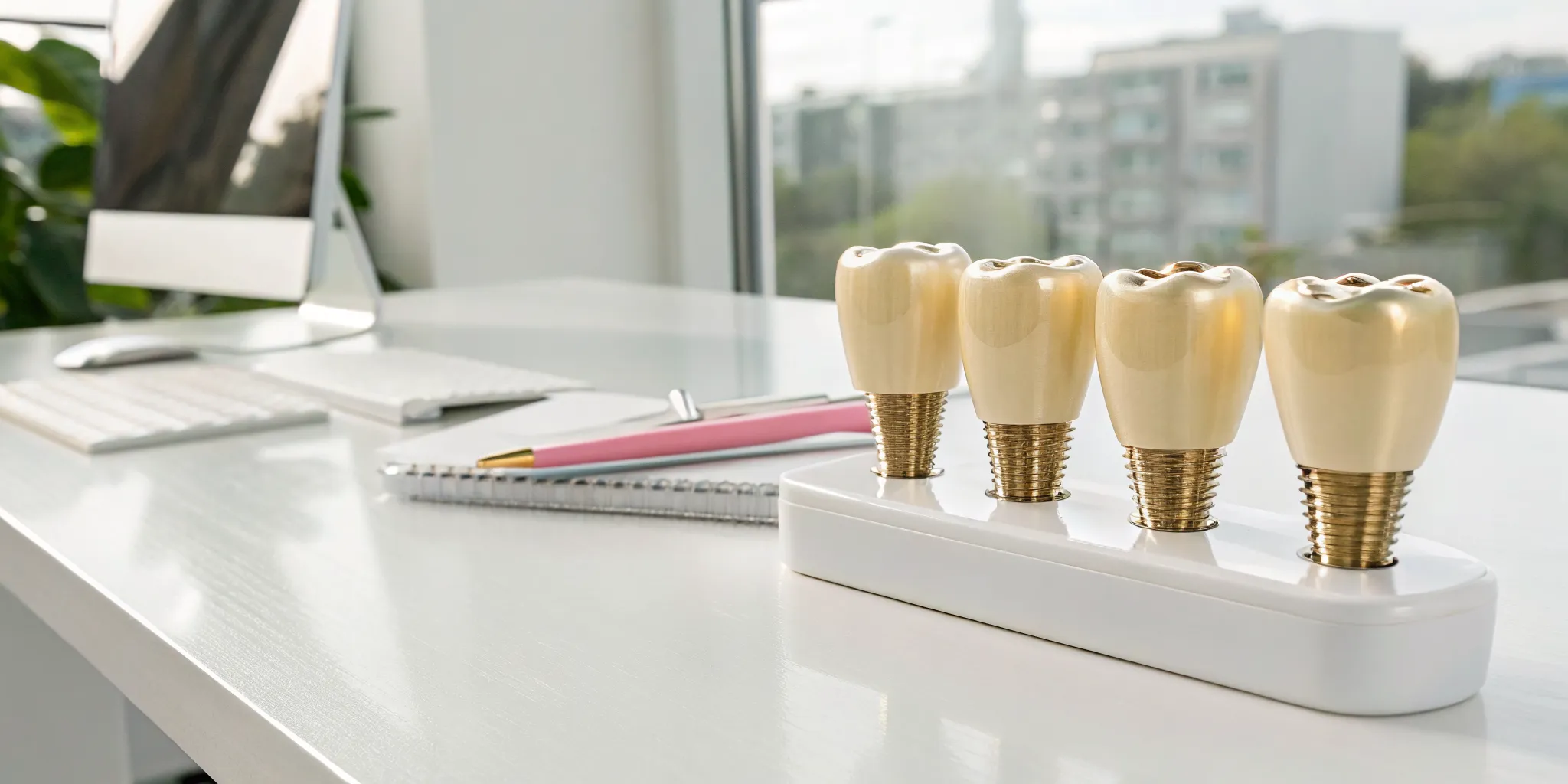Side-by-side models of dental crowns to compare how much they cost.