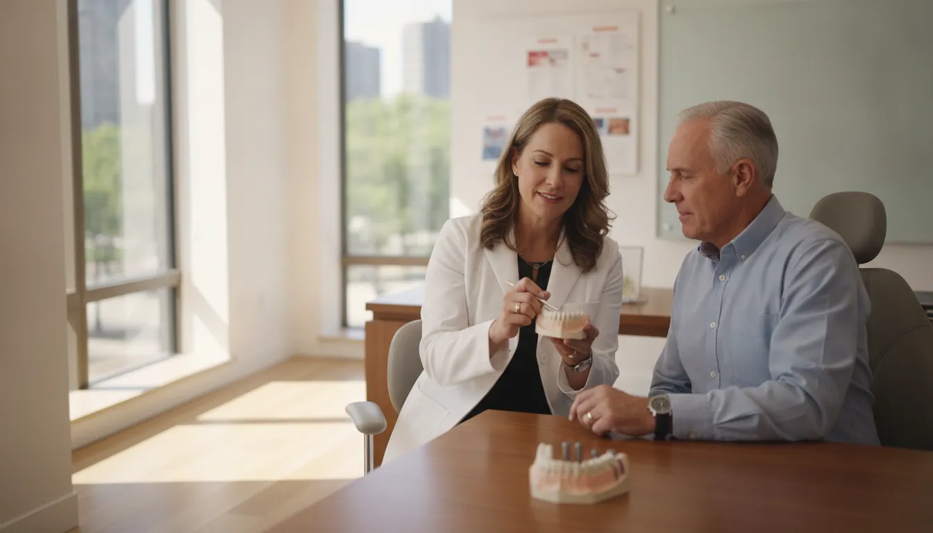 Prosthodontist discussing dental implant treatment costs with a patient