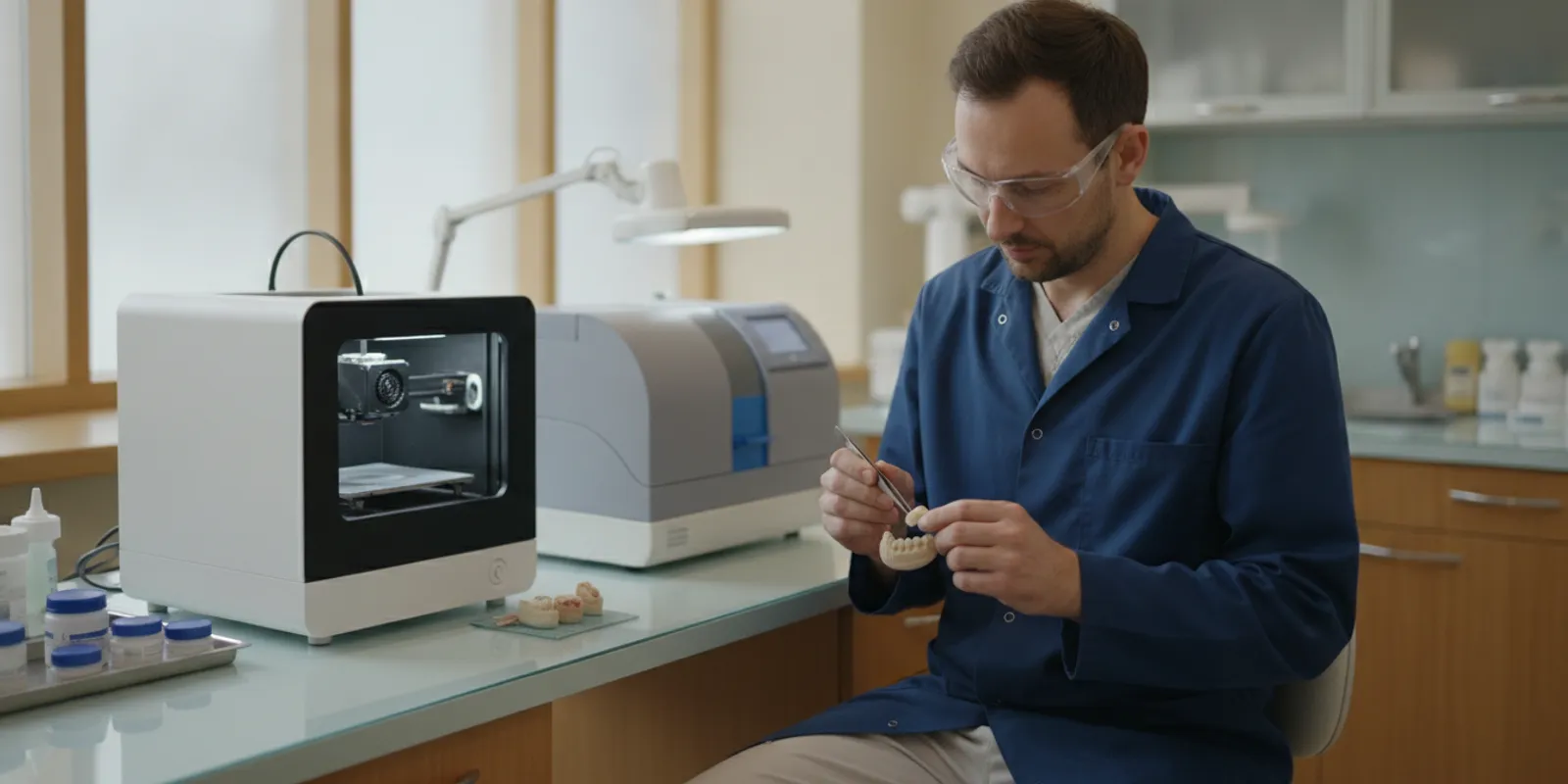 Dental technician inspecting a custom dental restoration in an in-house dental lab beside digital equipment