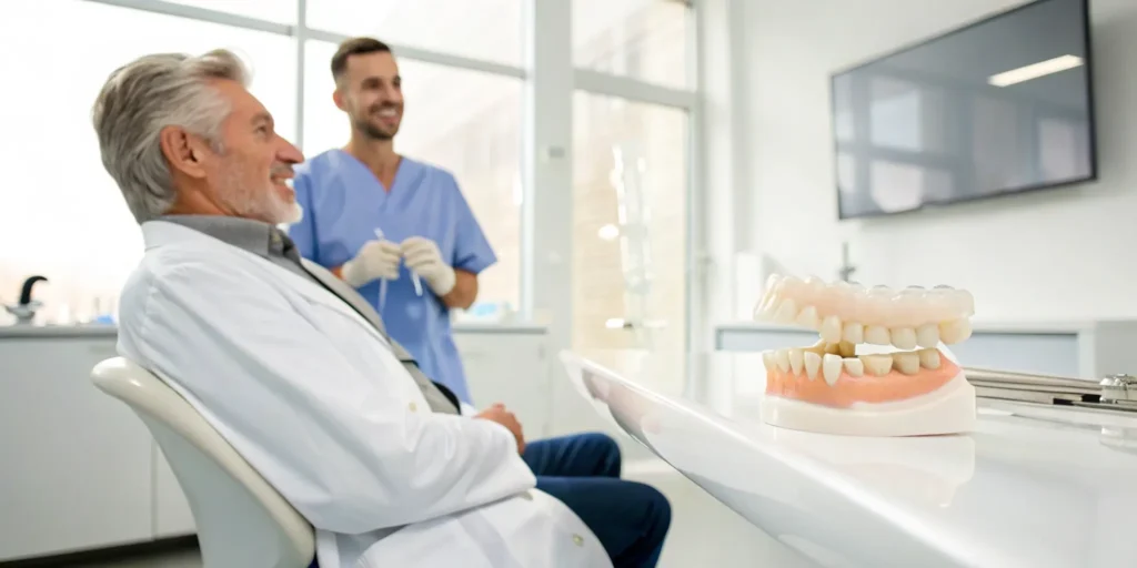 Prosthodontist discussing implant-supported dentures with a patient using a dental model.