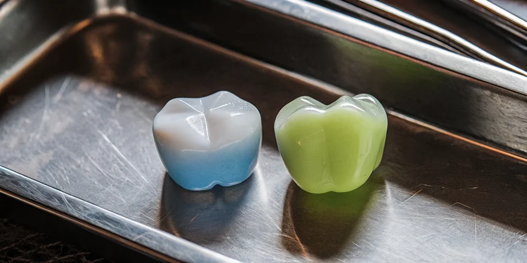 Dental models comparing the inlay vs onlay procedure.