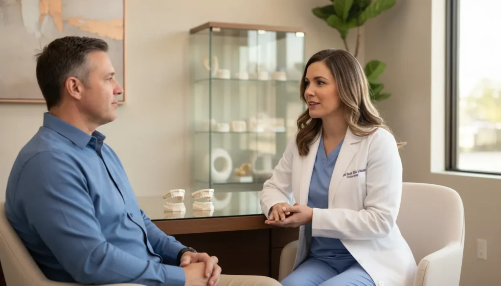 Prosthodontist discussing veneer planning with a patient in a natural-light consultation room