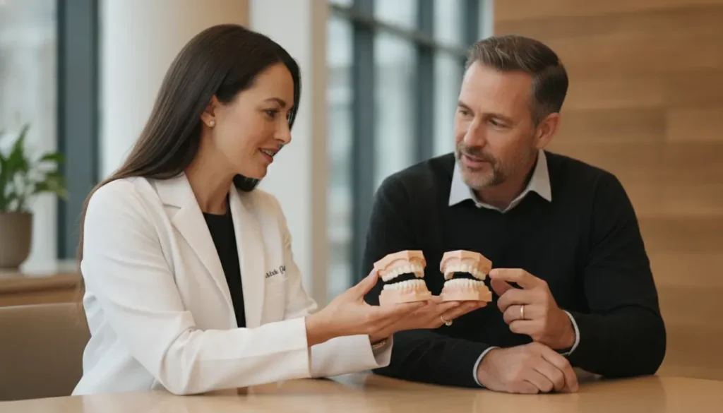 Prosthodontist comparing porcelain and composite veneer options with a patient