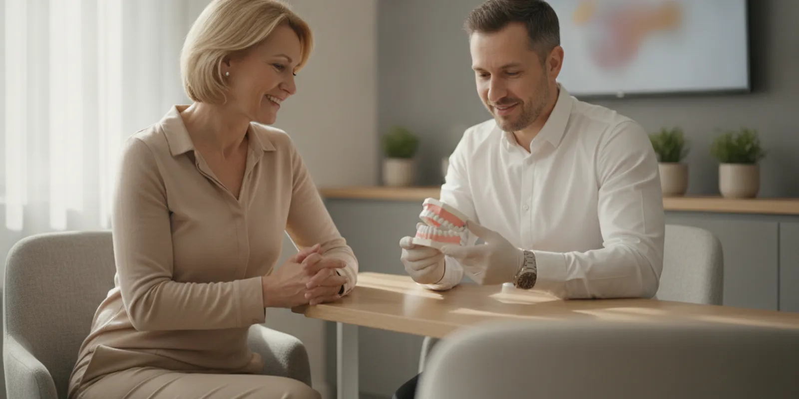 Patient discussing a restorative dental plan with a prosthodontist in a calm consultation room