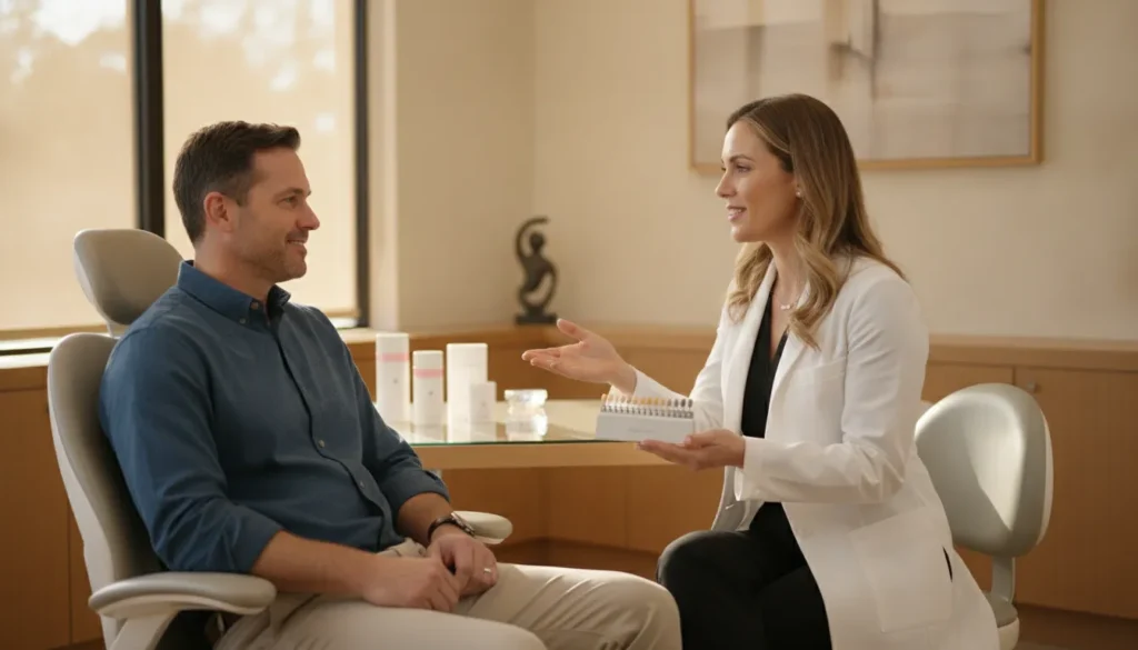 Prosthodontist discussing personalized teeth whitening options with a patient