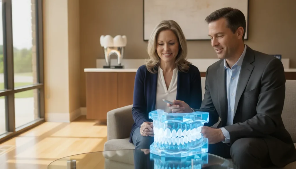 Prosthodontist reviewing a digital dental scan with a patient