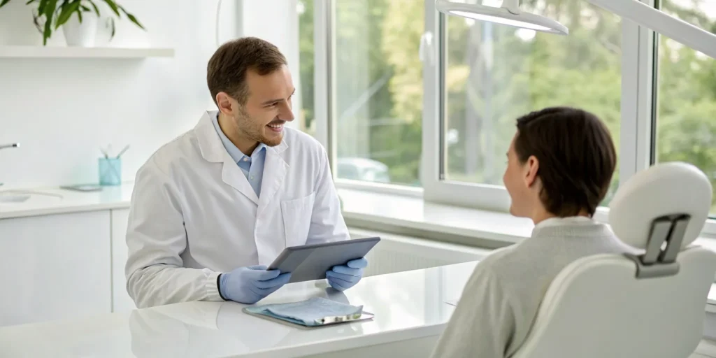 Patient and dentist discussing the schedule for a teeth whitening appointment.