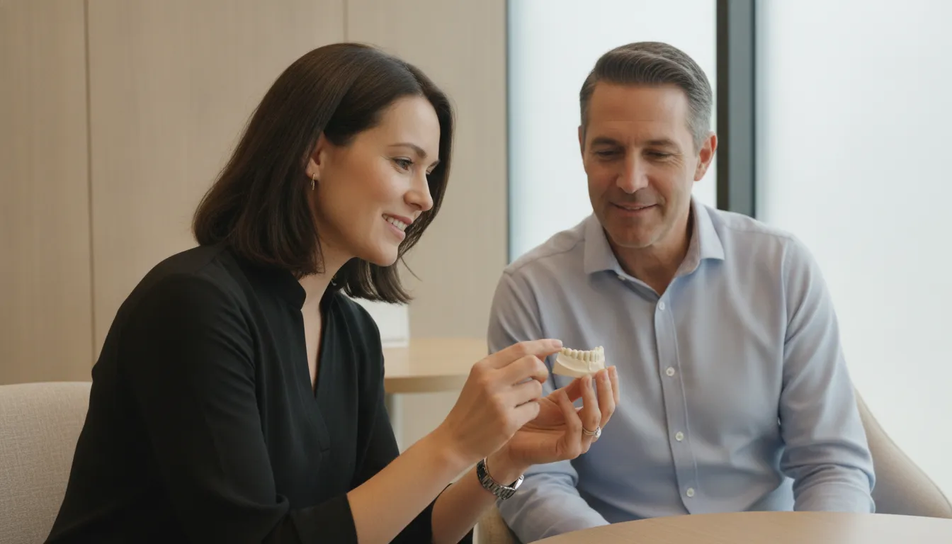 Prosthodontist discussing a personalized smile makeover plan with a patient