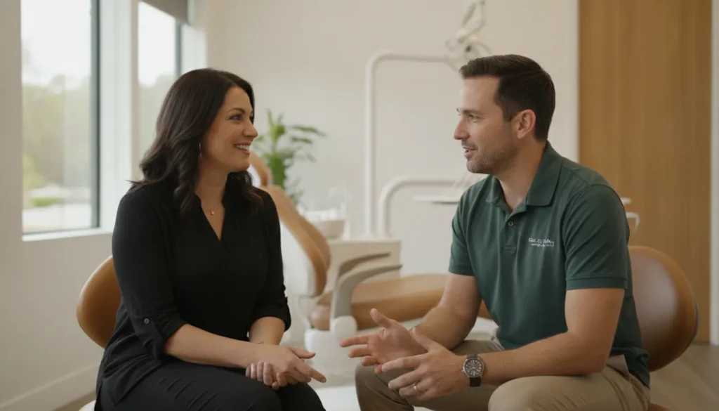 Prosthodontist discussing professional teeth whitening with a patient