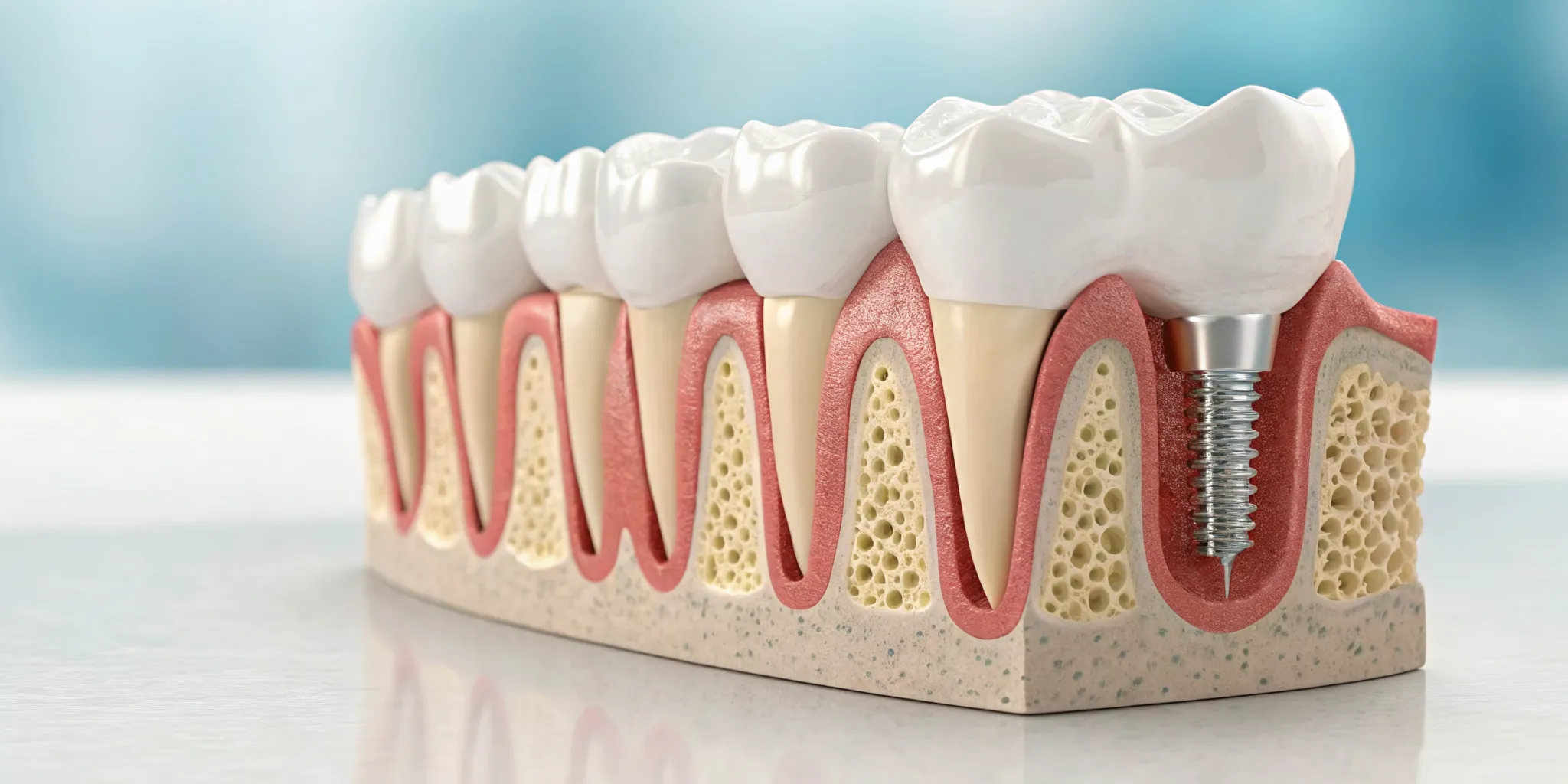 Model of a dental implant and bone graft showing the healing process in the jawbone.