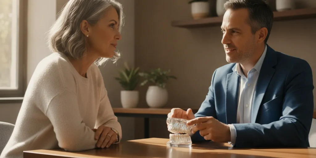 Adult speaking with a dental specialist during a calm consultation about jaw symptoms