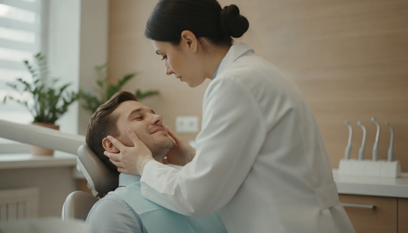 Prosthodontist gently assessing a patient's jaw in a modern dental clinic