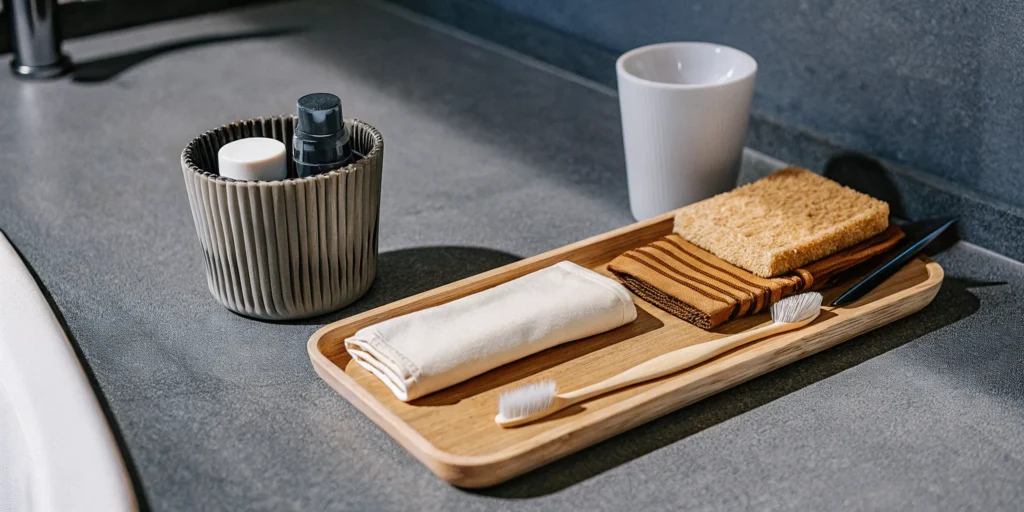 Essential items for tooth extraction aftercare laid out on a bathroom counter.