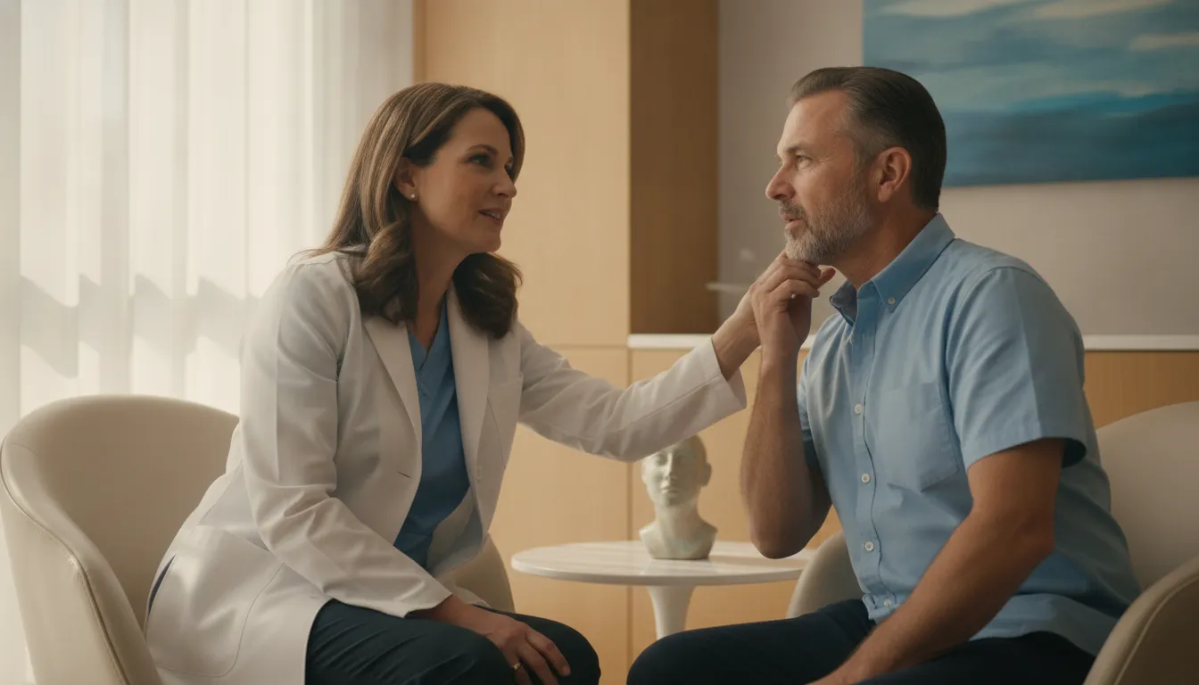 Prosthodontist discussing what causes TMJ disorder with a patient