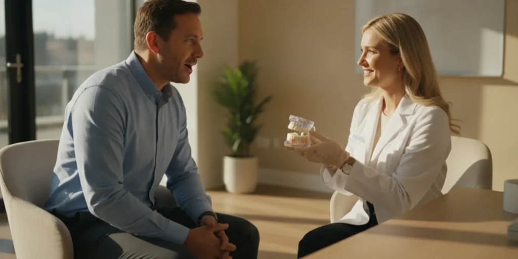 A patient discussing restorative dental care with a prosthodontist in a calm consultation room