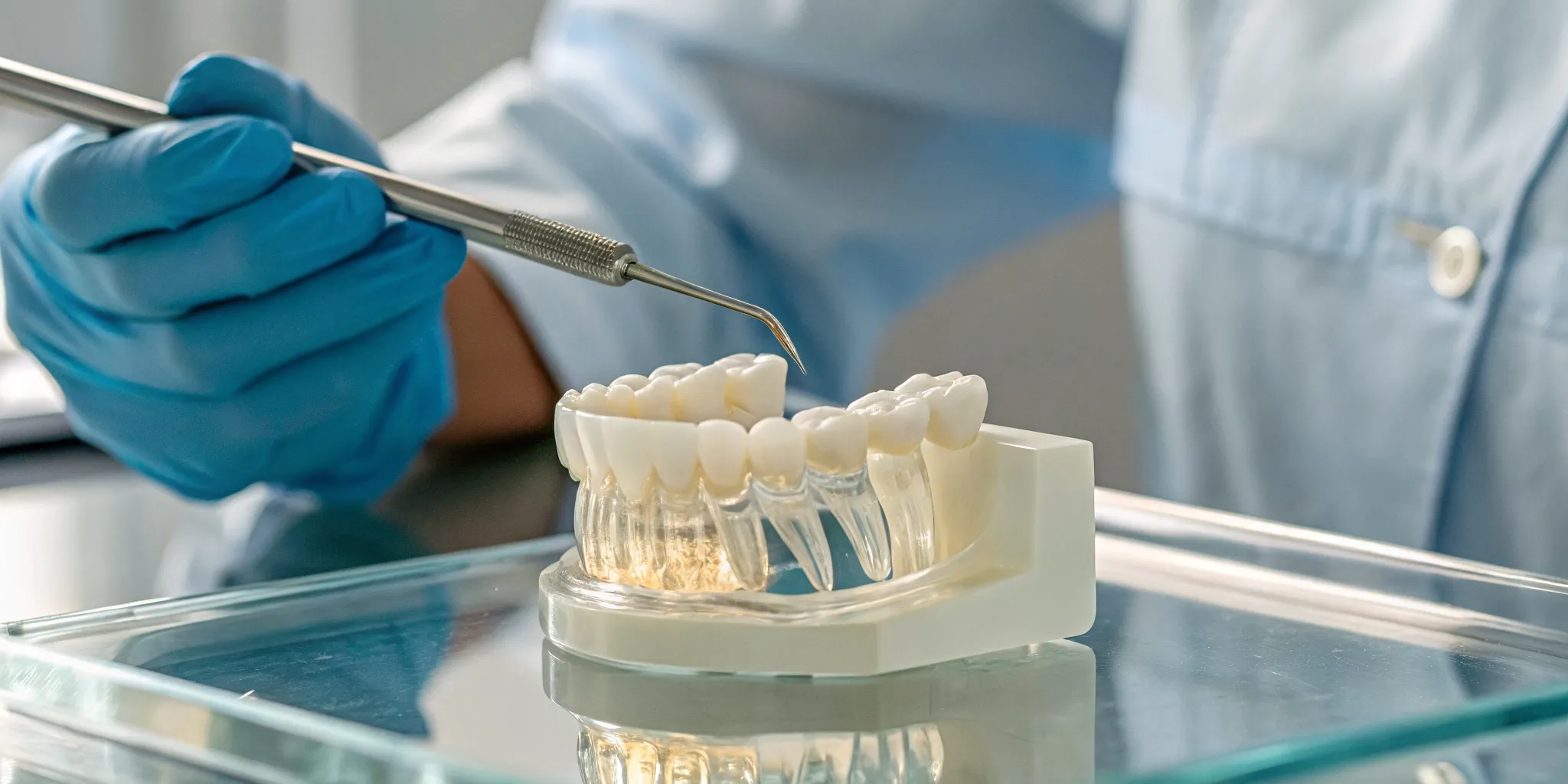 A consultation for a dental implant bone graft explained using a jaw model.