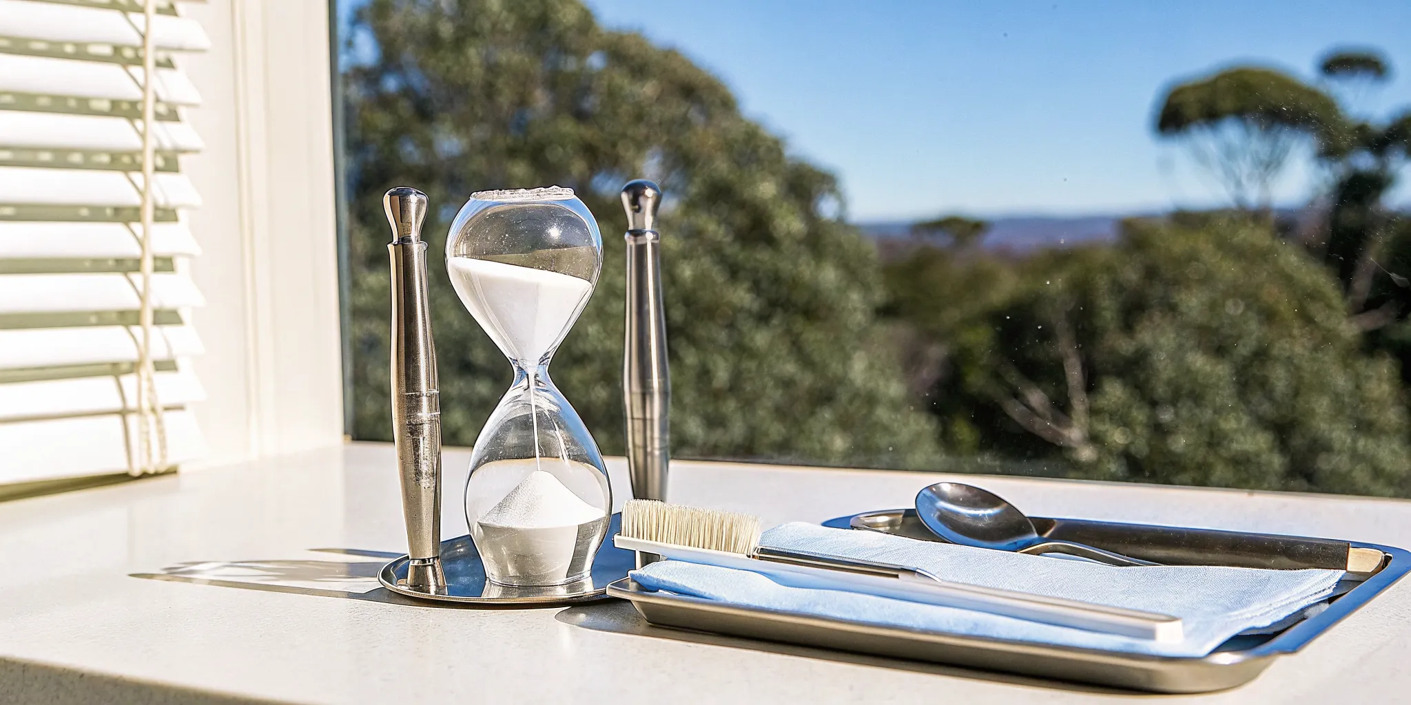 Dental onlay recovery time symbolized by an hourglass, toothbrush, and dental tools.